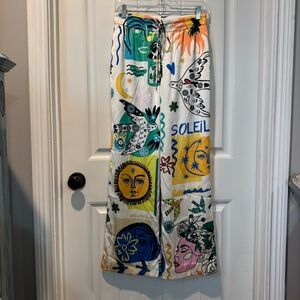 Artistic Soleil Print Wide Leg Lounge Pants in White